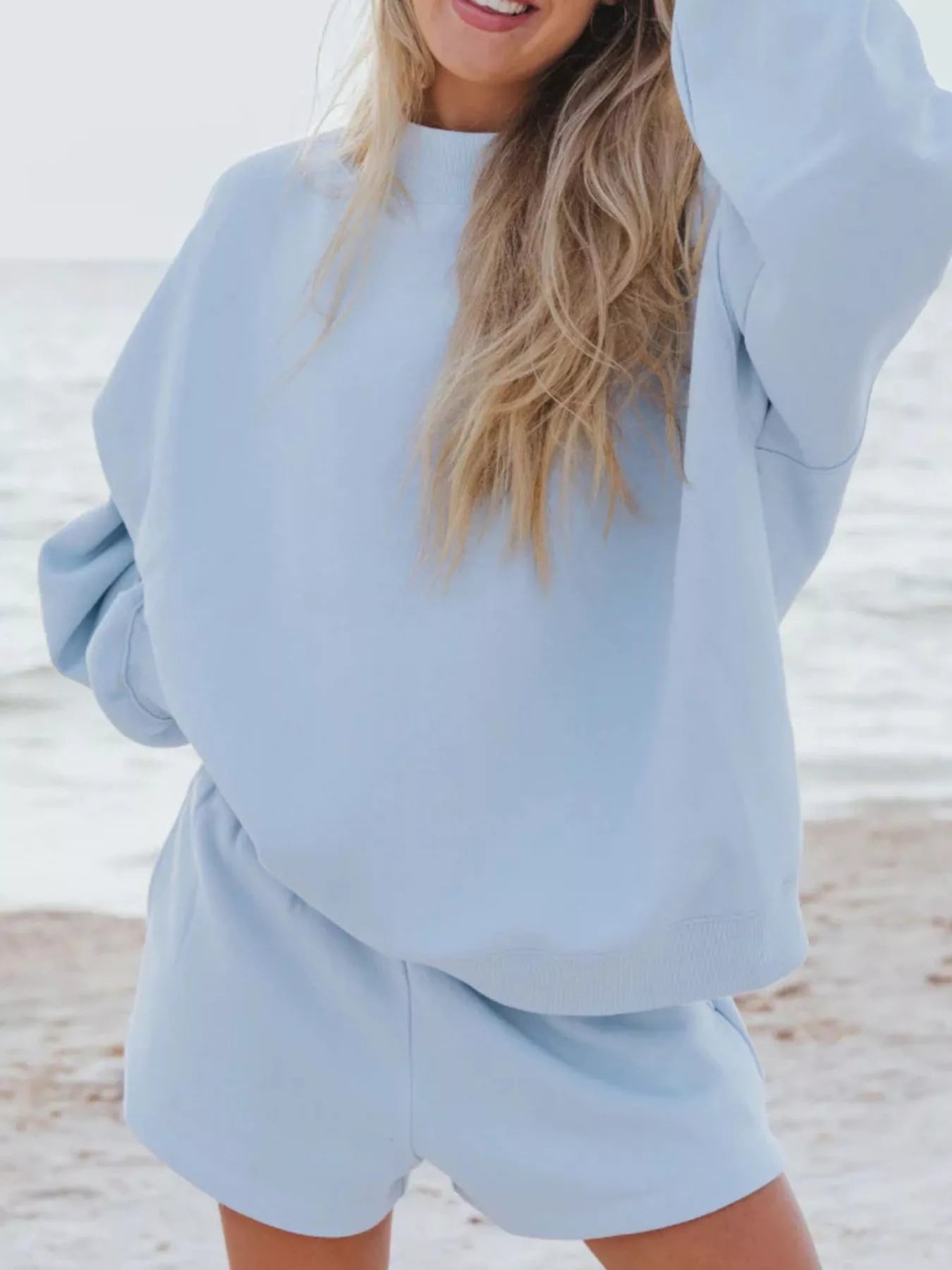 Trendsi relaxed fit round neck sweatshirt and shorts set, casual 2-piece loungewear in soft fabric, shown on a model.