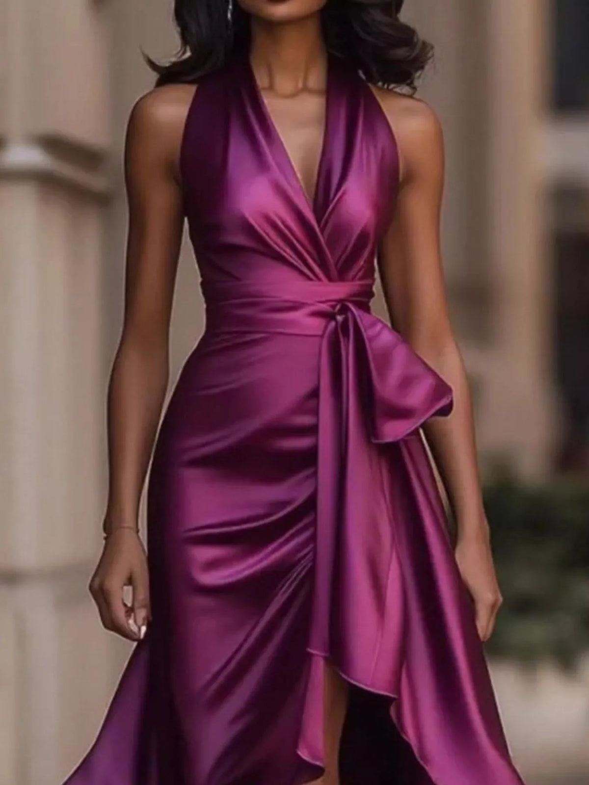 Plus size high-low ruffled satin maxi dress by Plush Fashion Hub, showcasing elegant flowing fabric and layered ruffle details.