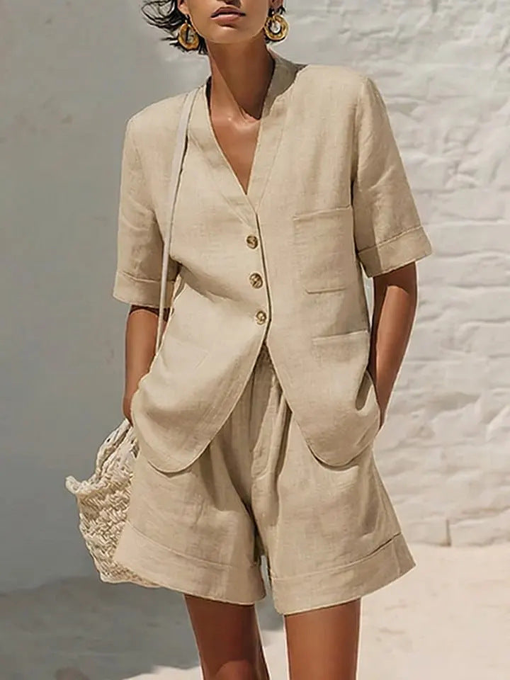 Women's cotton-linen loose-fit T-shirt and cropped shorts two-piece casualwear set by FitiqueFit, displayed on a model.