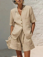 Women's cotton-linen loose-fit T-shirt and cropped shorts two-piece casualwear set by FitiqueFit, displayed on a model.