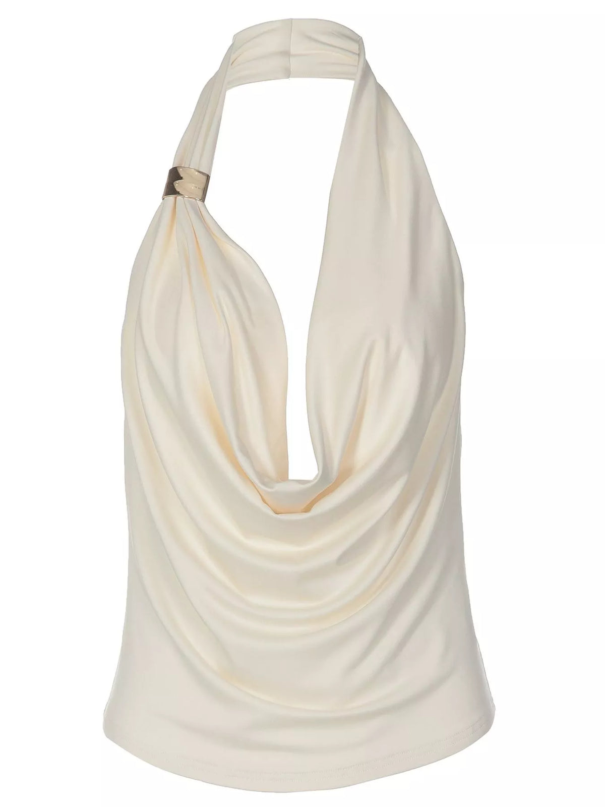 Plush Fashion Hub halter neck ruched tank top, sleeveless with gathered fabric, displayed on a plain background.