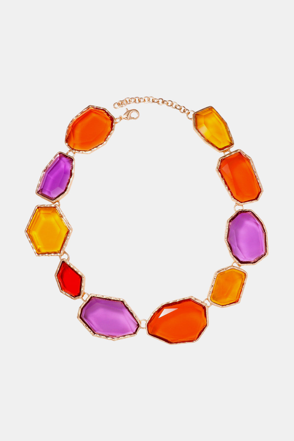 Geometrical shape resin necklace with zinc alloy frame, stylish jewelry piece from Plush Fashion Hub.