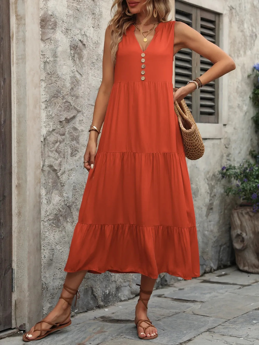 Plush Fashion Hub Ivy Lane women's sleeveless cotton dress with notched neckline and button-down front, in a stylish design.
