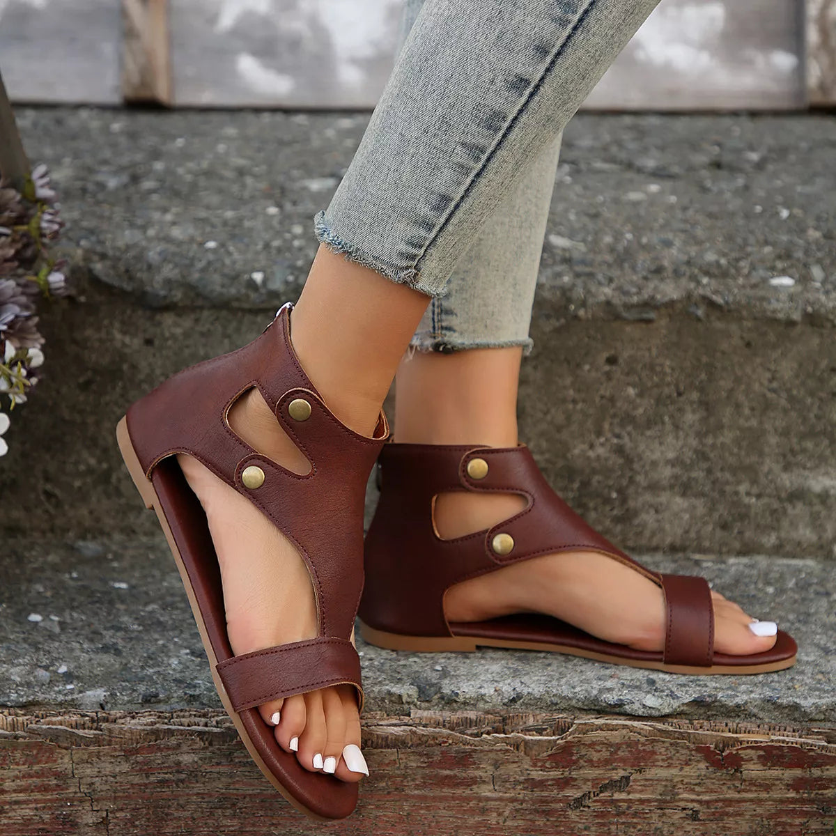 Open toe cutout sandals by Plush Fashion Hub featuring stylish design and ankle straps on a neutral background.