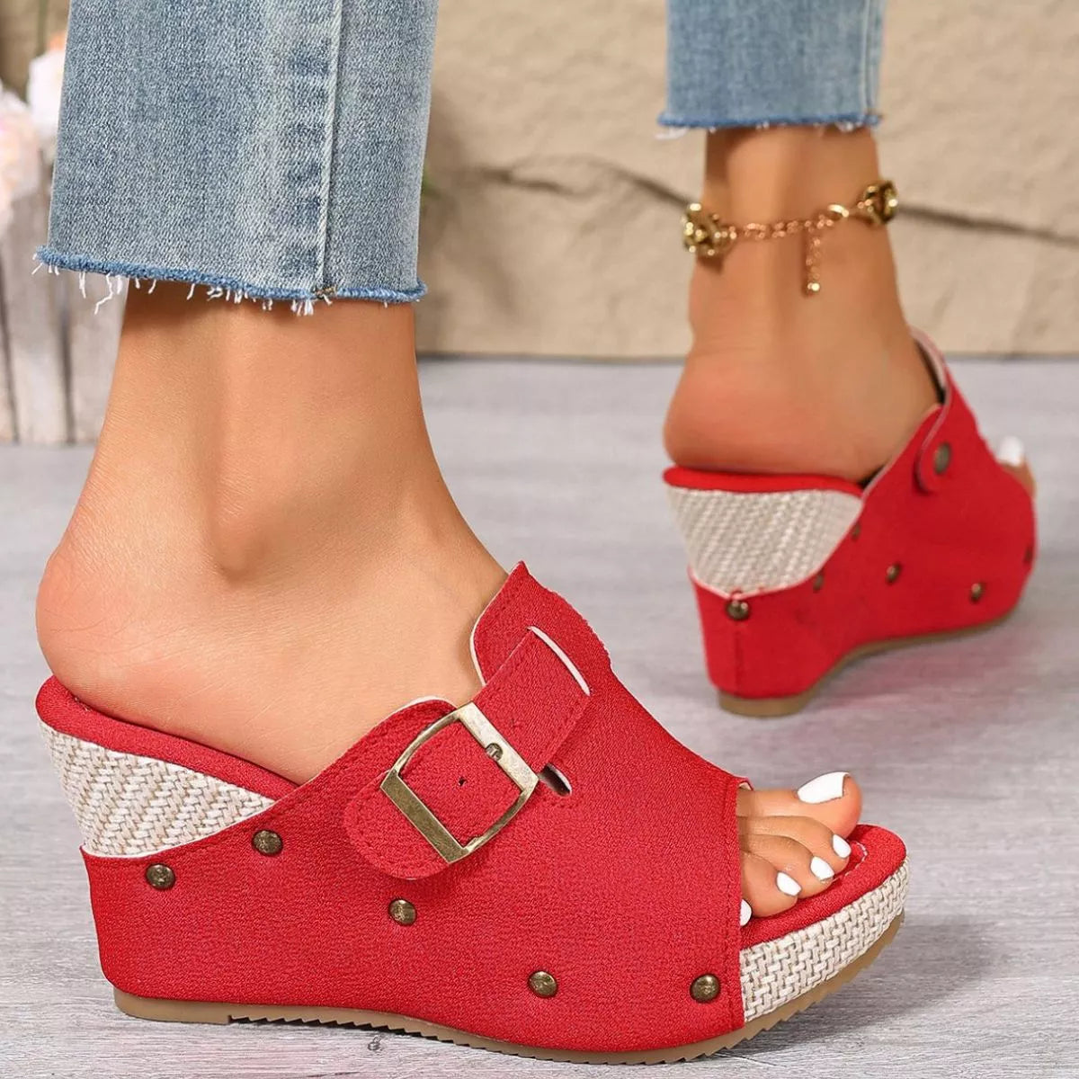 Plush Fashion Hub open toe wedge sandals with plush straps and a comfortable platform, ideal for casual summer wear.