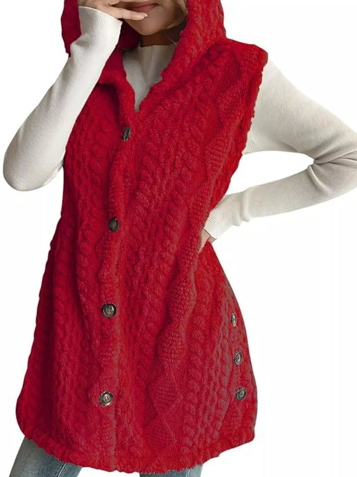 Simply Love hooded button-up Sherpa vest coat with soft fleece lining and cozy hood, perfect for casual layered winter style.