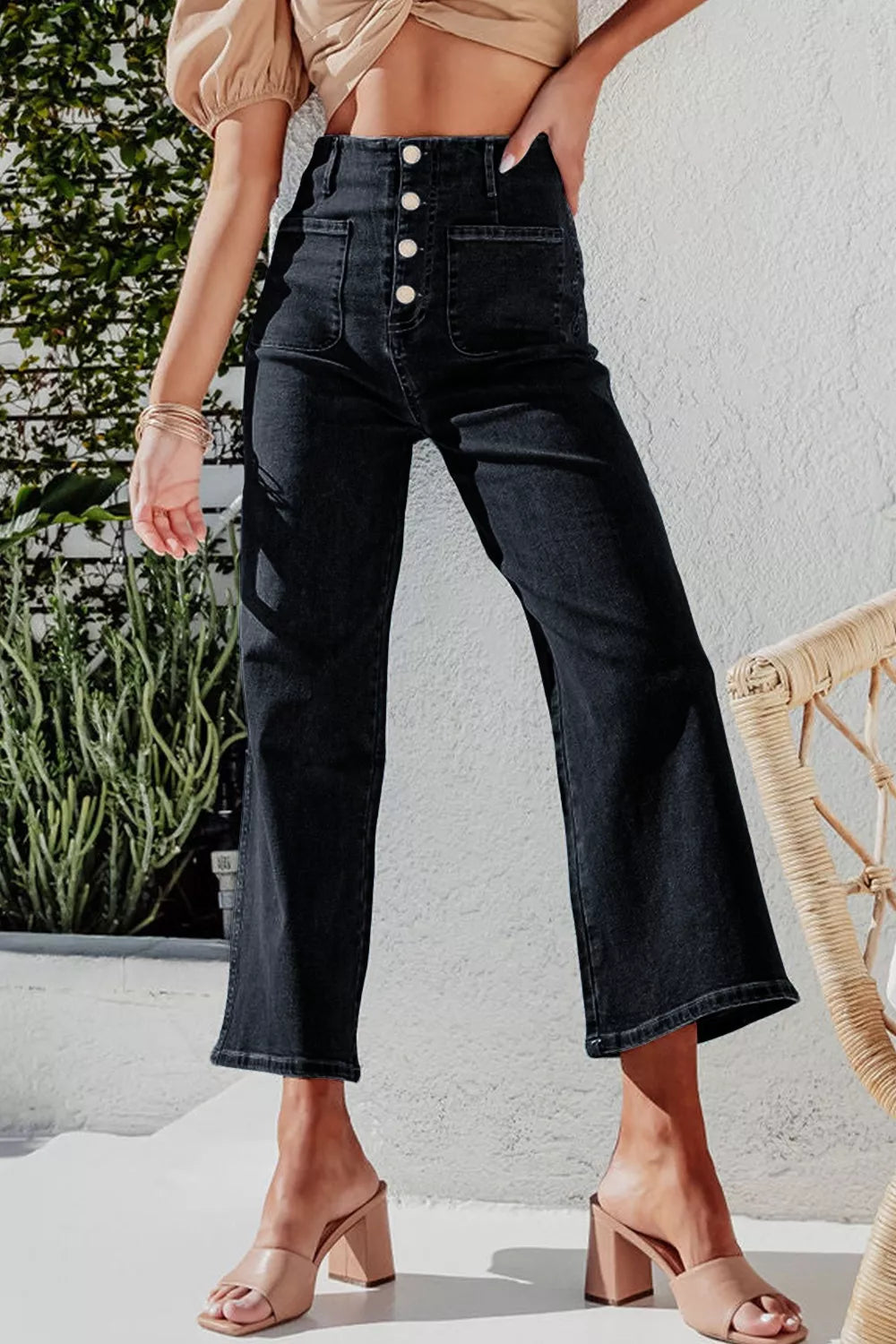 Plush Fashion Hub high-waisted wide-leg jeans with button-fly closure, made of soft plush fabric in a stylish denim look.