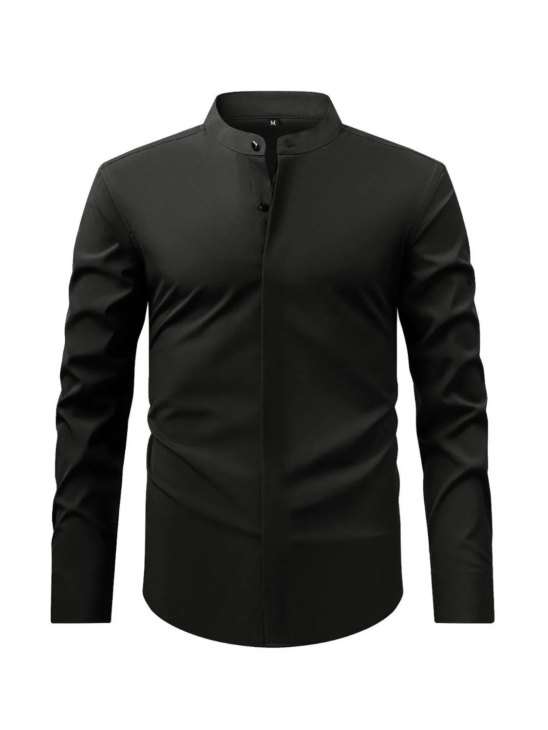 Men's full-size stand collar button-down shirt by Trendsi, featuring a classic collar and long sleeves, shown in a neutral fabric.