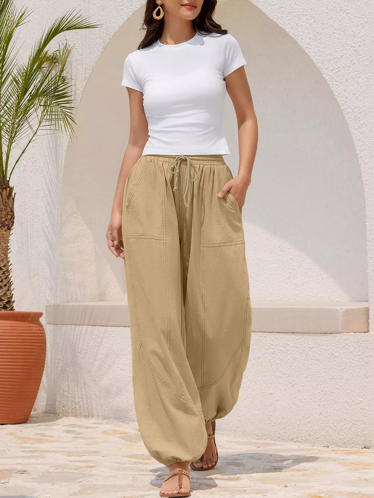 Plush Fashion Hub casual loose fit harem joggers with drawstring waist, relaxed style, and soft fabric, perfect for everyday wear.