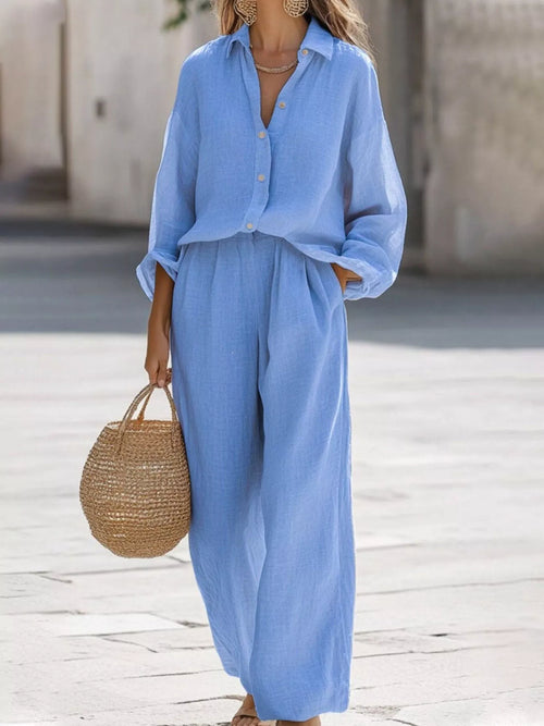 Plus size Trendsi loose fit shirt with wide leg pants set, featuring a comfortable, casual style in a full size outfit.