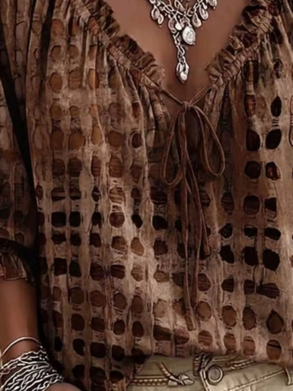 Plus size Trendsi tie neck blouse with 3/4 sleeves, full length, featuring a stylish tie detail at the neckline.