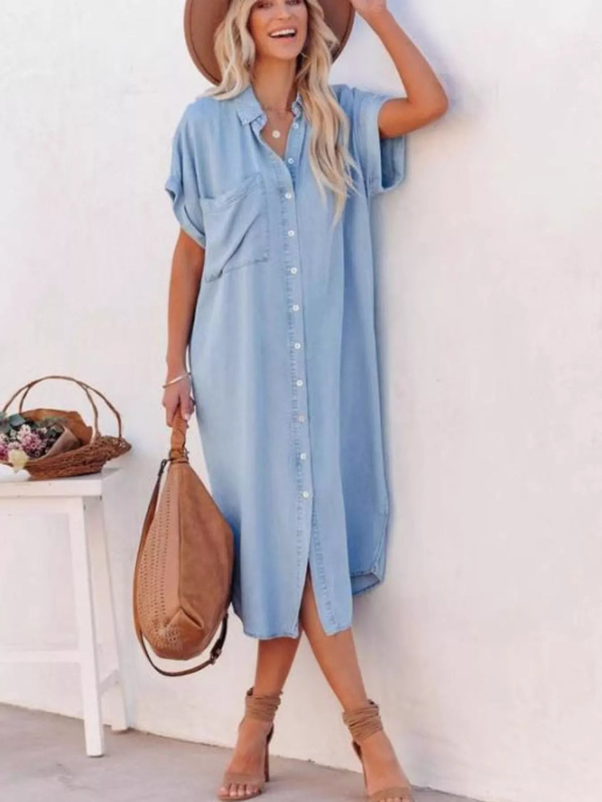Plush Fashion Hub casual shirt dress with side slits, lightweight fabric, long sleeves, and a relaxed fit for everyday wear.