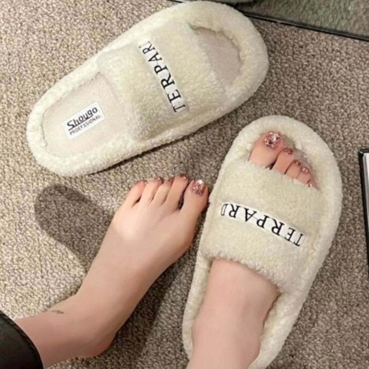 Soft fuzzy plush open toe slippers by Simply Love, featuring cozy open toe design and plush material for comfortable wear.