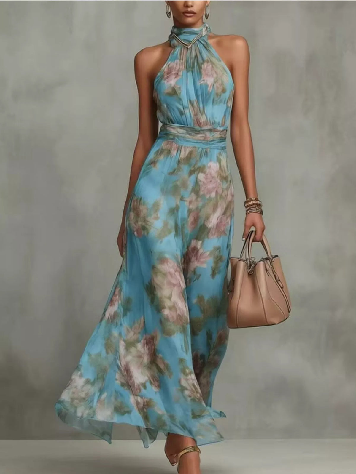 Plus size floral print sleeveless maxi dress by Trendsi, featuring a full-length flowy design and vibrant floral pattern.