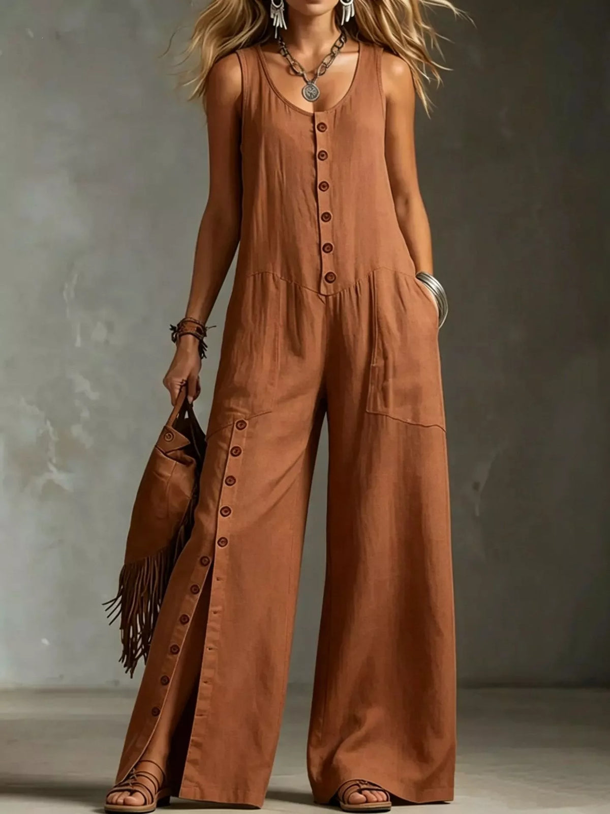 Plus size sleeveless button-front wide-leg jumpsuit by Plush Fashion Hub, shown in a full-length view with a flattering fit.