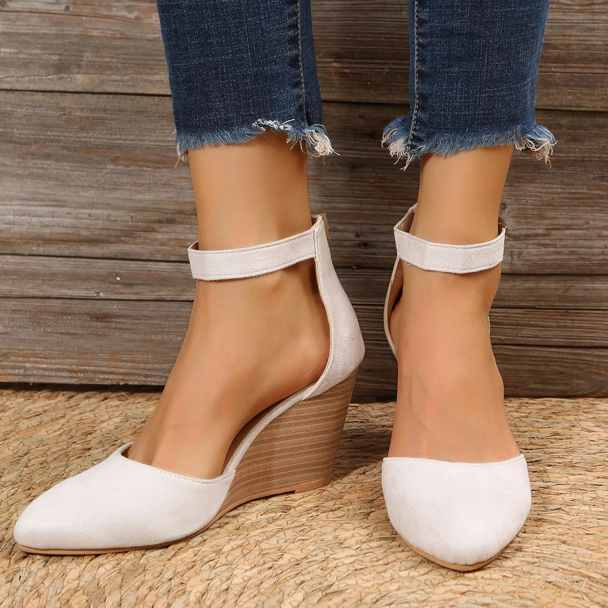 Point toe wedge sandals by Plush Fashion Hub featuring a sleek design and comfortable platform for stylish summer footwear.