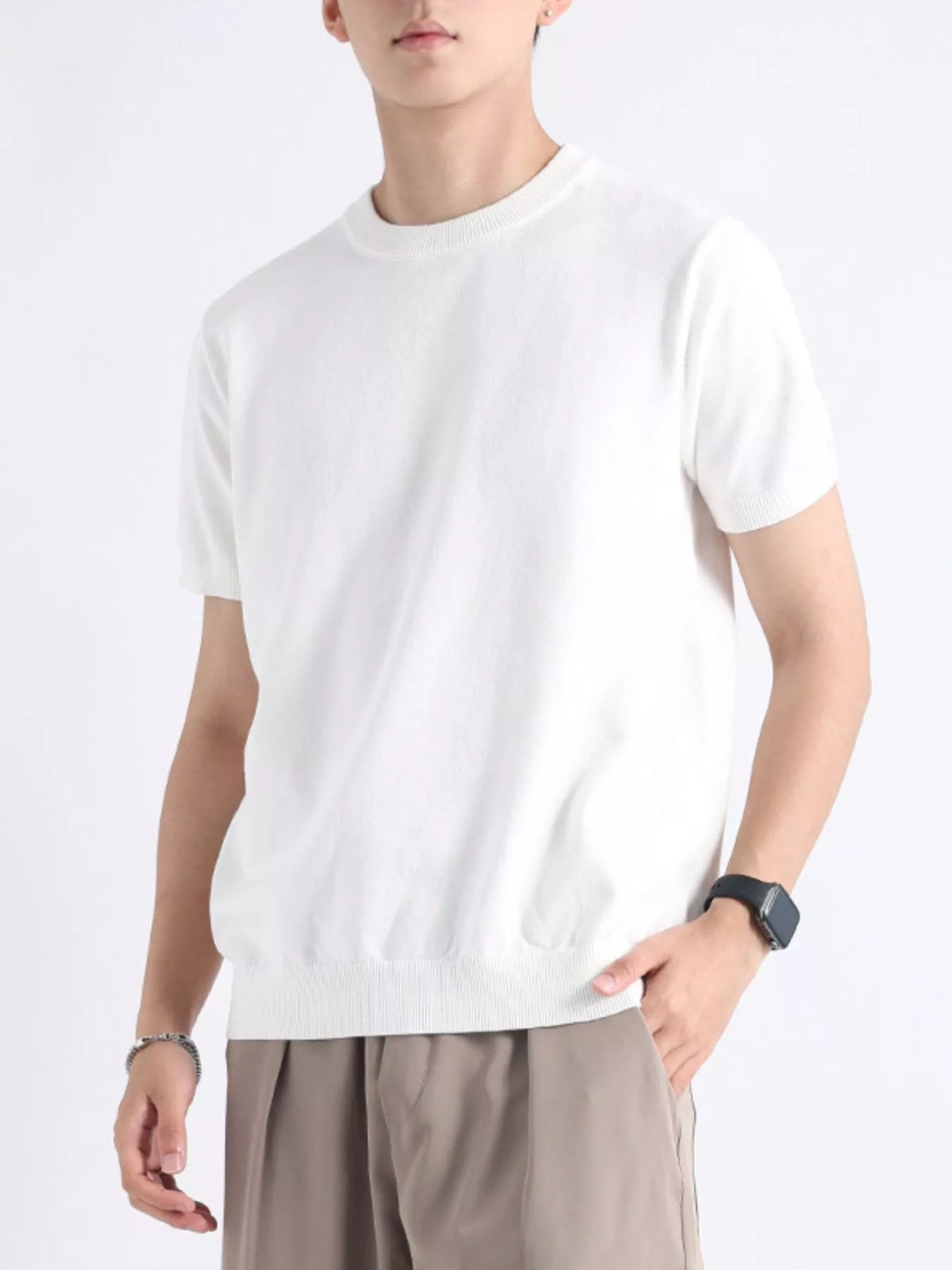 Men's plus size casual knitted short sleeve T-shirt from Plush Fashion Hub, featuring a comfortable, stylish knit fabric and relaxed fit.