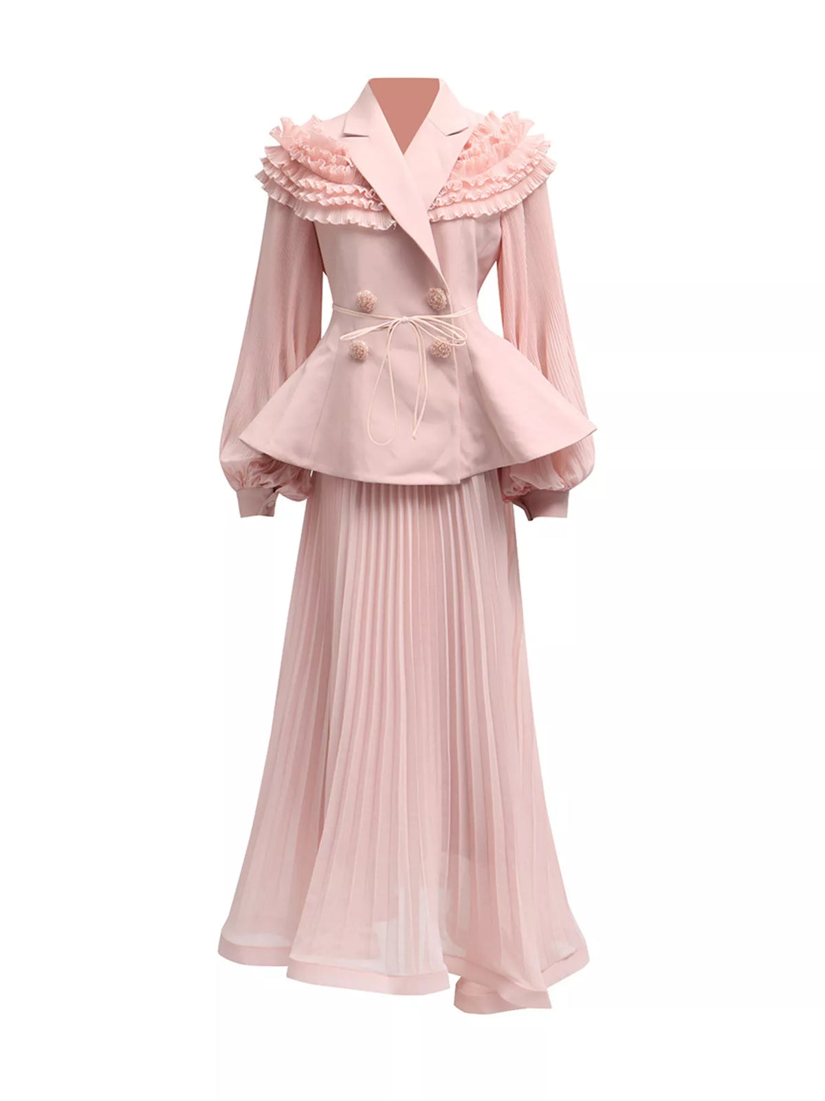 Plush Fashion Hub two-piece set featuring a frill lapel collar top and pleated skirt, stylish and coordinated outfit for women.