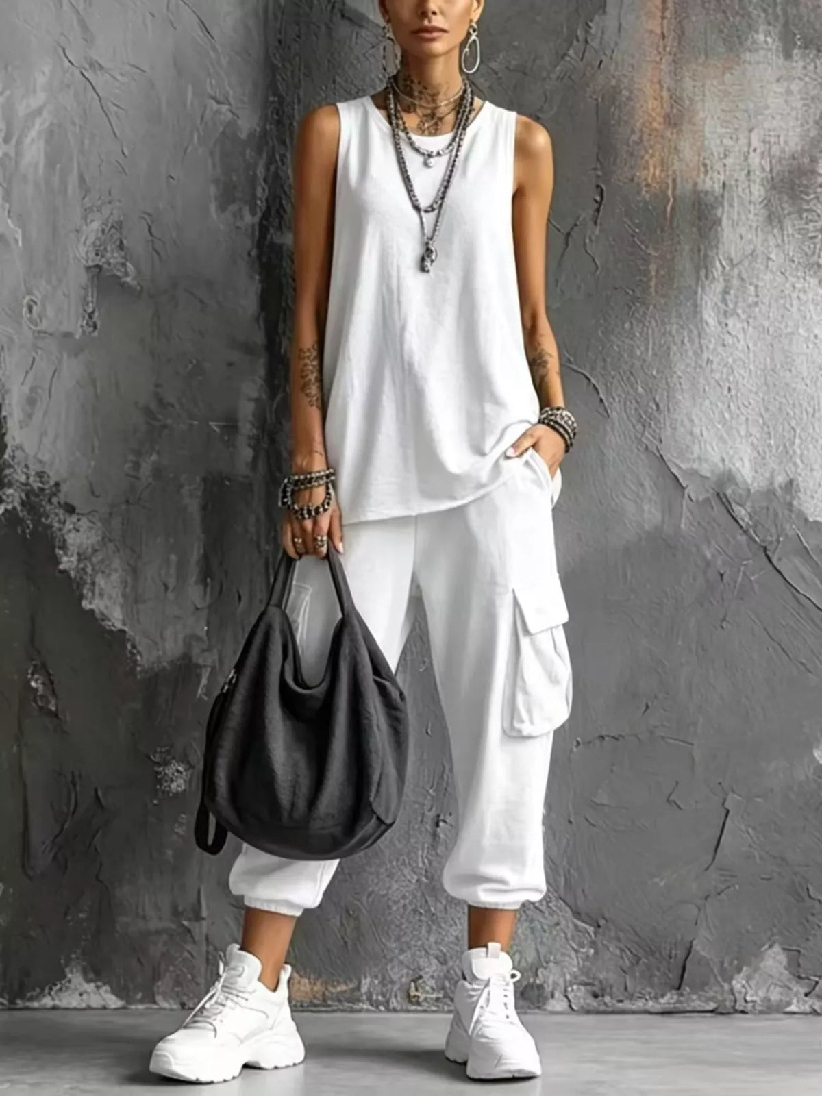 Plus size casual tank top and cargo pants set by Trendsi, featuring a relaxed fit and versatile style, shown in the image.