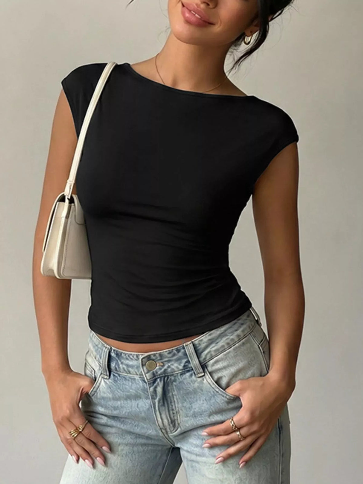 Lace detail cap sleeve T-shirt from Plush Fashion Hub, casual tops with delicate lace accents and a comfortable fit.