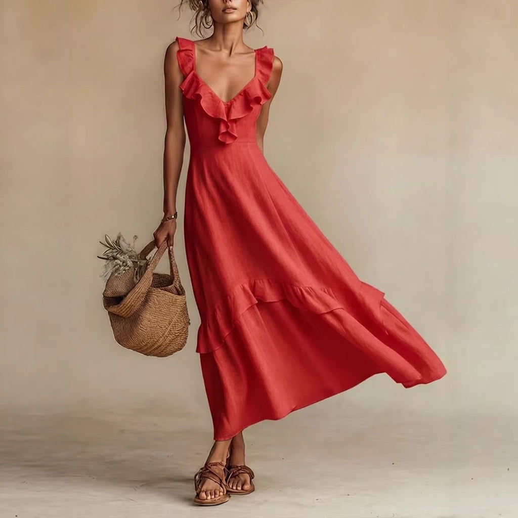 FitiqueFit sleeveless ruffle high-waist maxi dress in casualwear style, available in 7 colors, size S to 3XL.