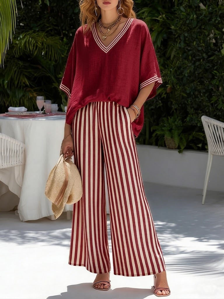 Women's striped tunic top and casual trousers two-piece set by FitiqueFit, featuring a relaxed fit and comfortable fabric.