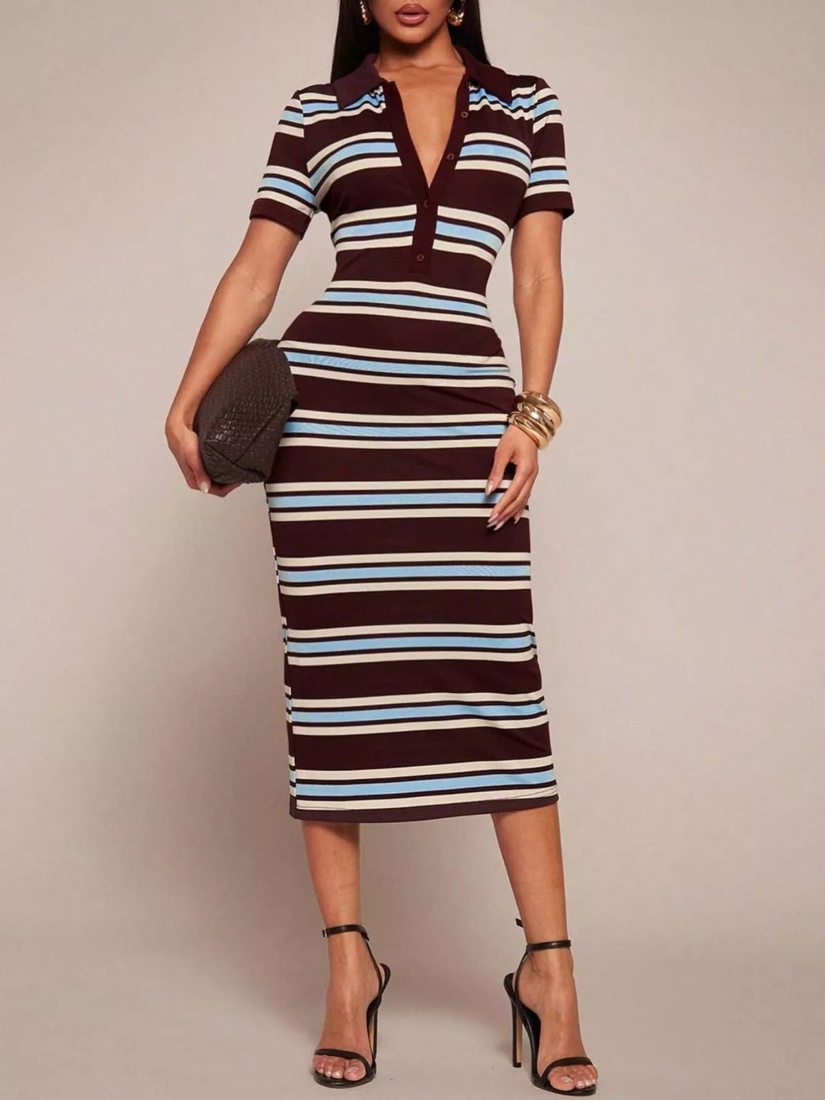 Striped Polo Collar Midi Dress by Plush Fashion Hub featuring a casual, stylish design with a fitted waist and knee-length hem.