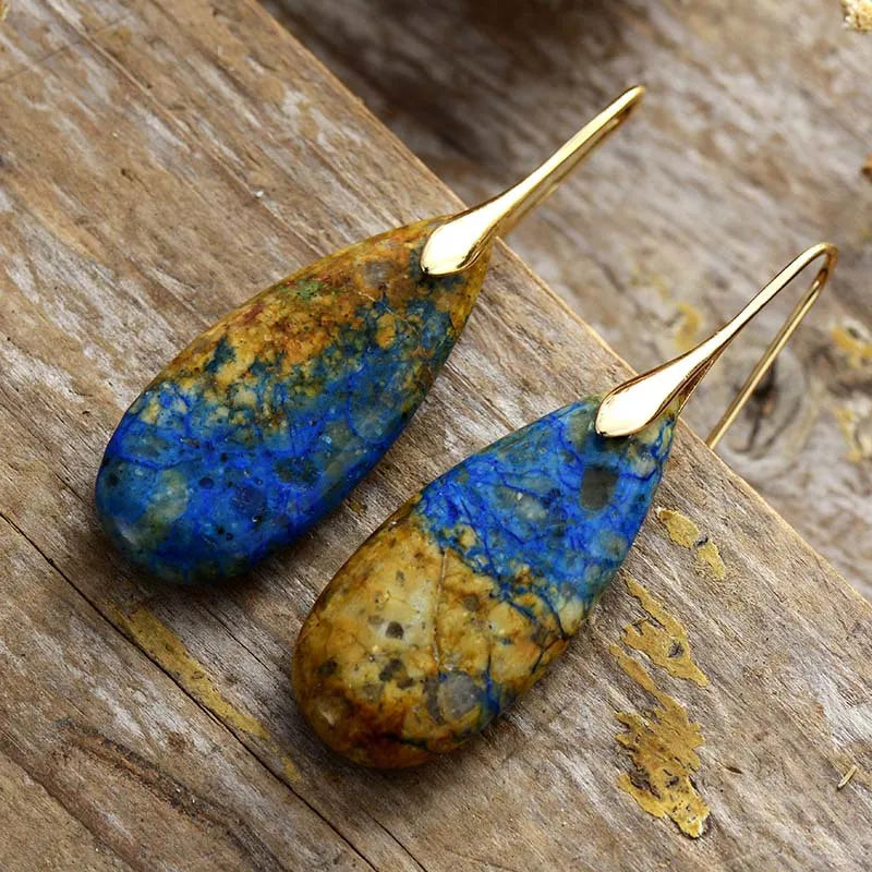 Natural stone teardrop dangle earrings with elegant design, featuring smooth stones and gold-tone accents, perfect for stylish accessories.
