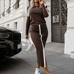 Women’s casual 2-piece skirt set by Plush Fashion Hub with long sleeve sweatshirt and midi skirt, displayed on a neutral background.