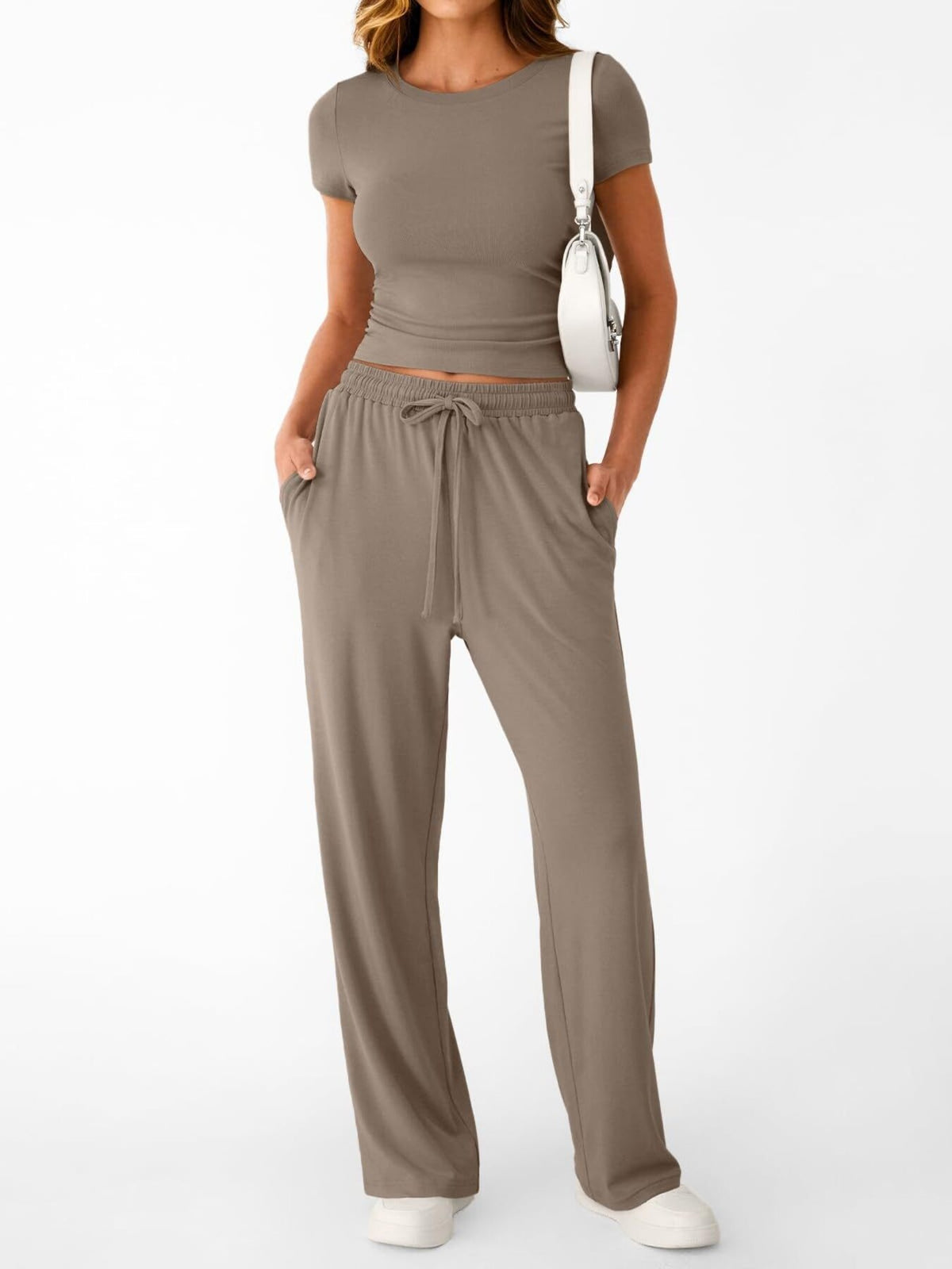 Women's round neck short sleeve T-shirt and drawstring lounge set by Plush Fashion Hub, showing the comfortable two-piece outfit.