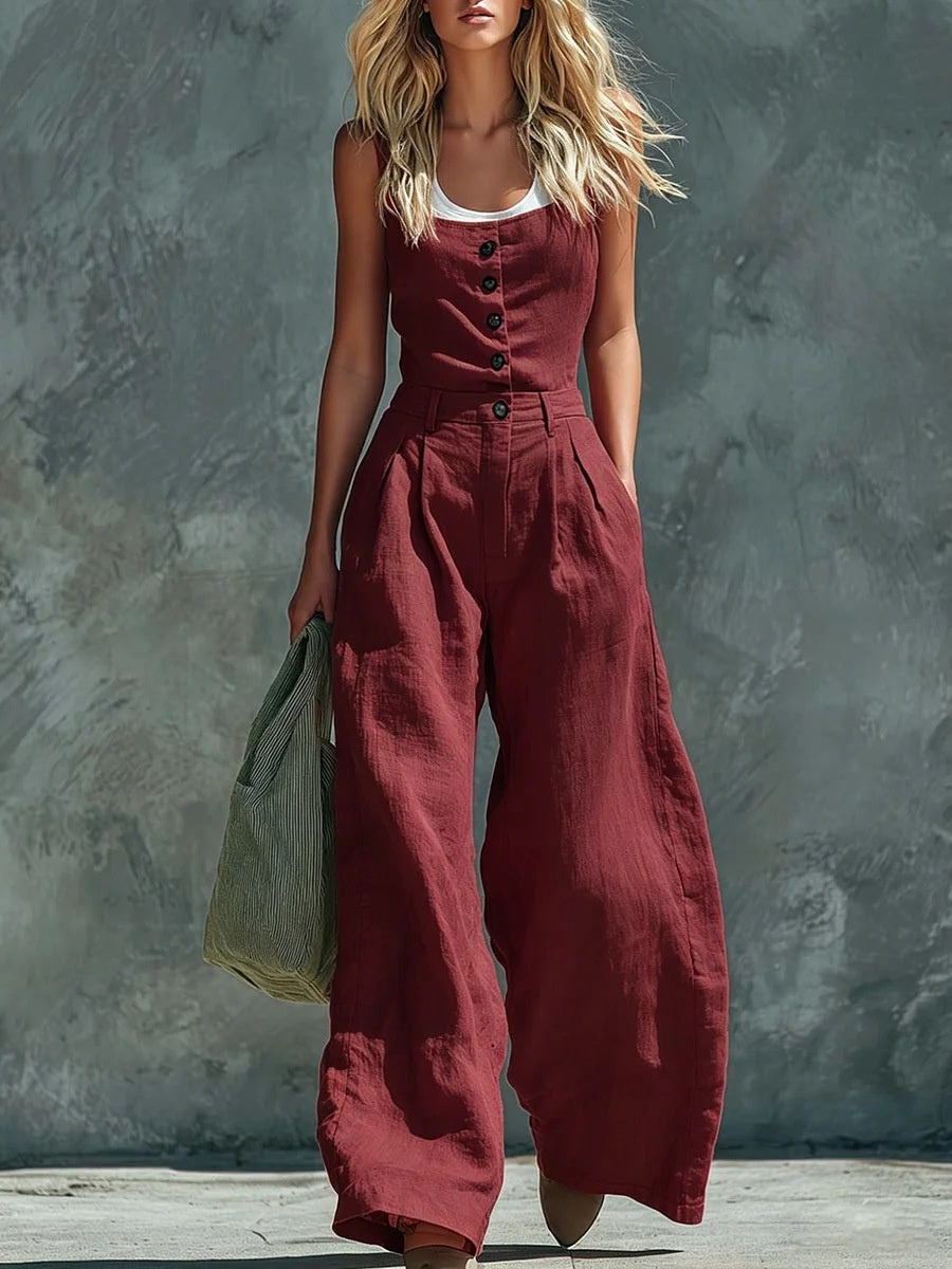 Women's retro button-front high-waist wide-leg jumpsuit by FitiqueFit, casualwear style, shown in a stylish, relaxed fit.