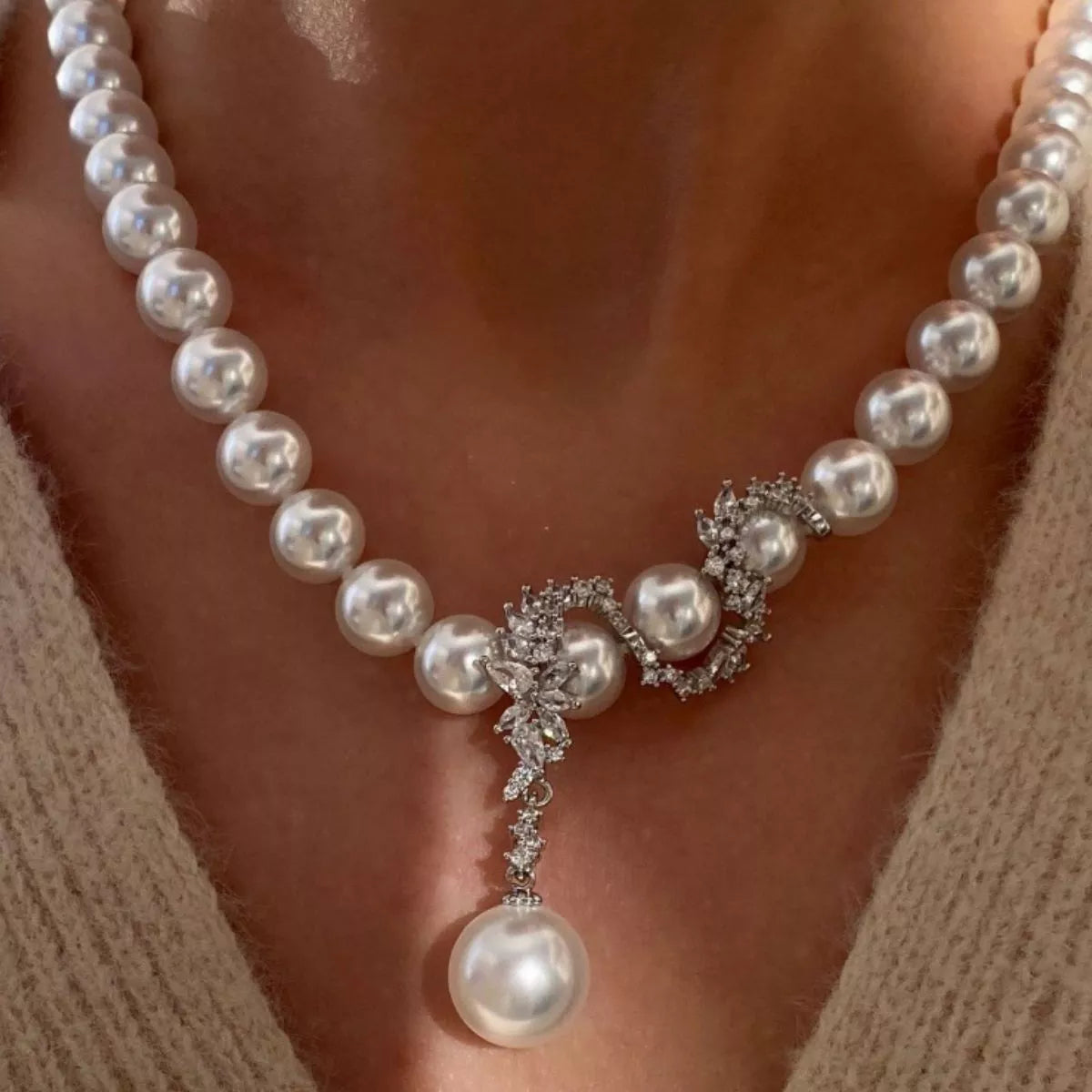 Elegant zircon pearl necklace featuring lustrous pearls and sparkling zircon accents, crafted by Plush Fashion Hub.