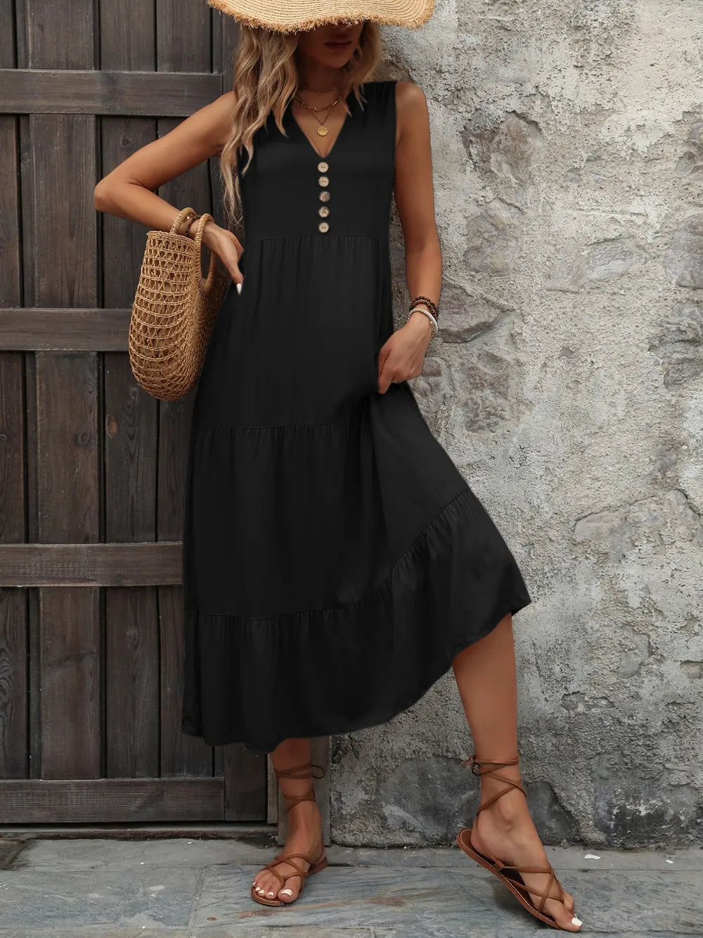 Plush Fashion Hub Ivy Lane women's sleeveless cotton notched neck button-down dress, casual summer dress with a relaxed fit.