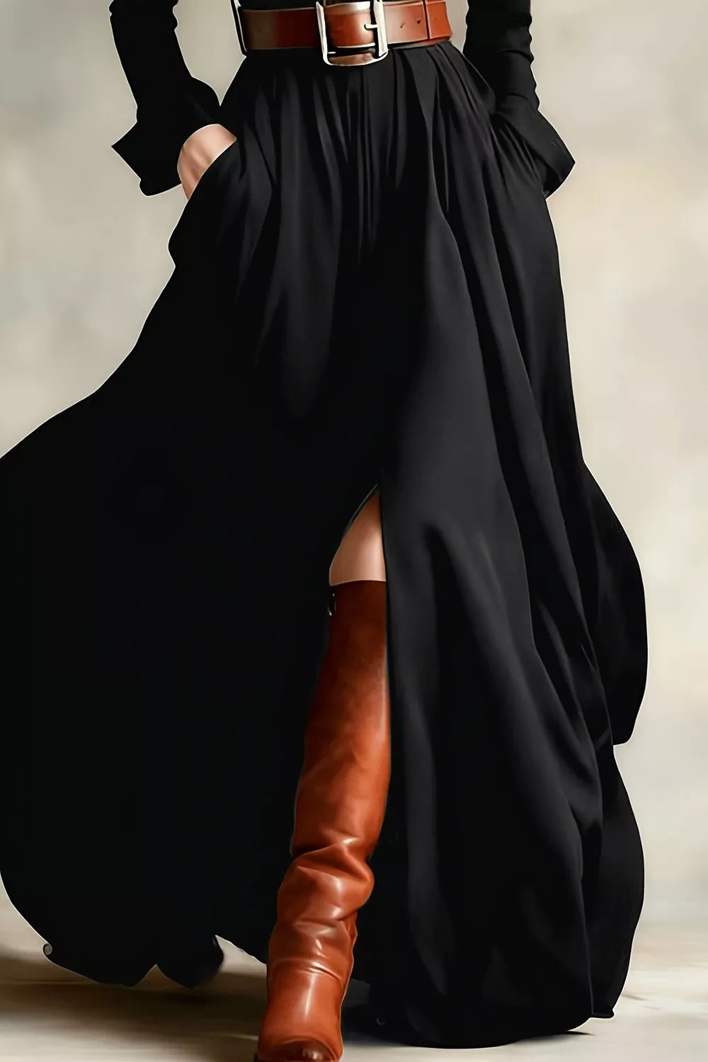 Trendsi slit long sleeve maxi shirt dress for women, flowing black dress with a high slit and button-up front.