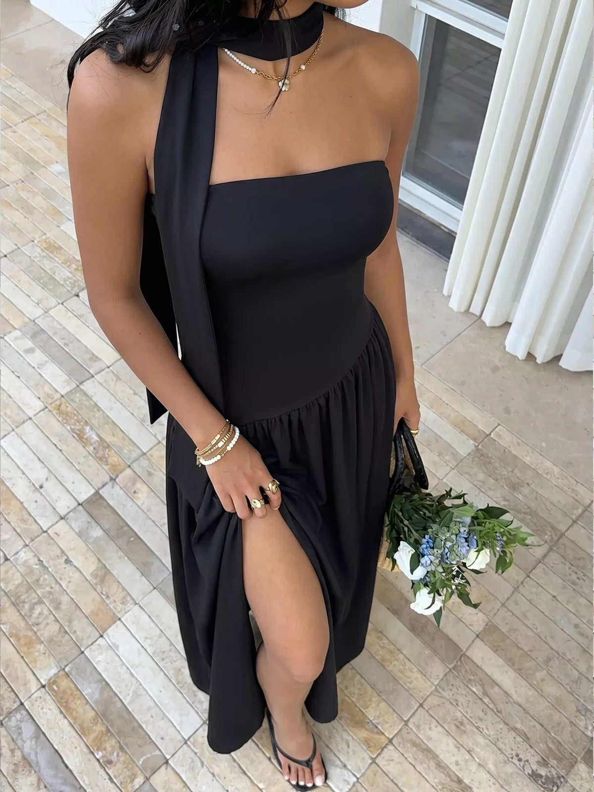 Plush Fashion Hub maxi dress with scarf and slit design, flowing fabric, stylish for casual or formal occasions.