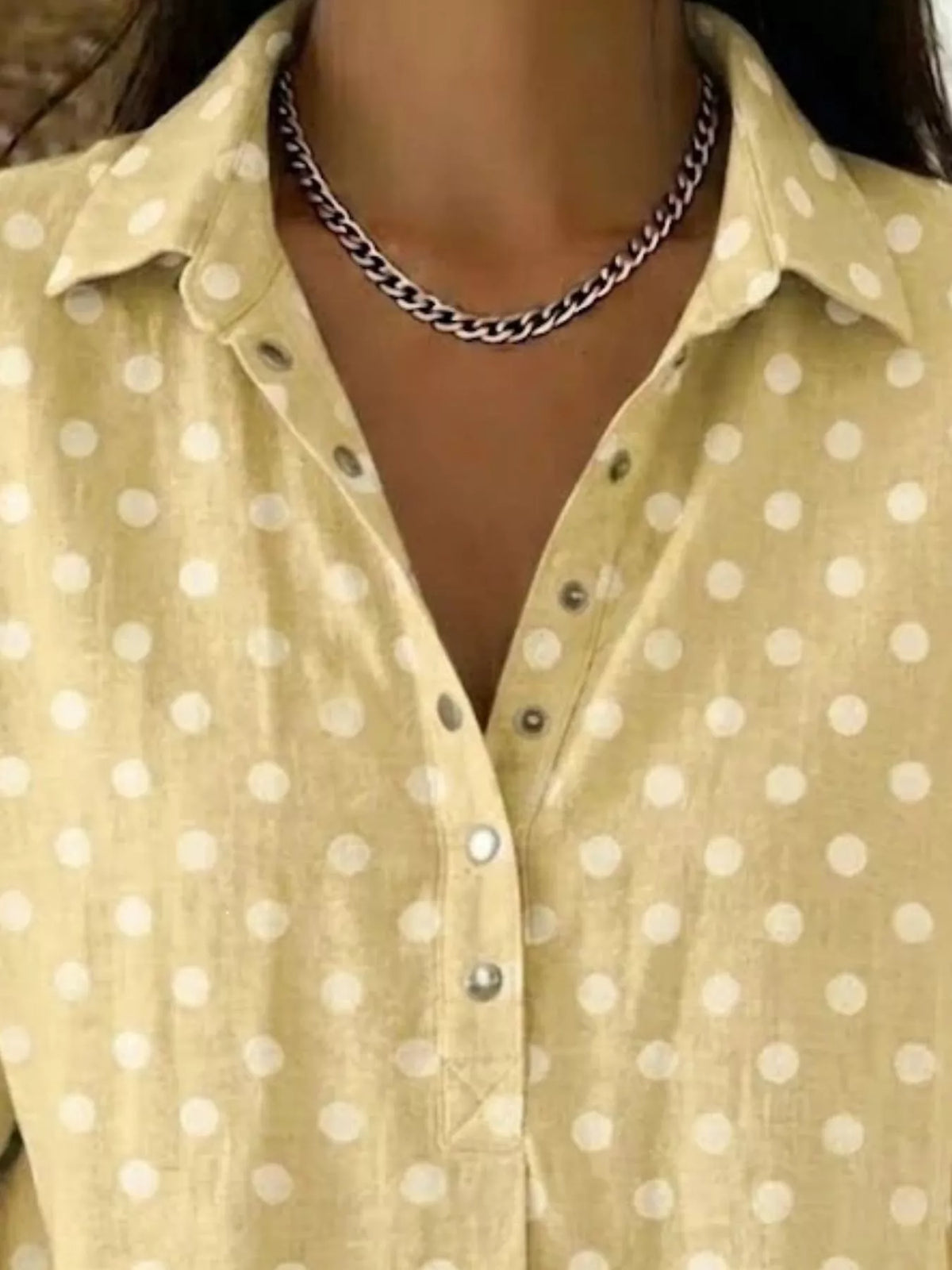 Plus size polka dot short sleeve shirt from Trendsi, featuring a full-size women's top with a classic polka dot pattern.