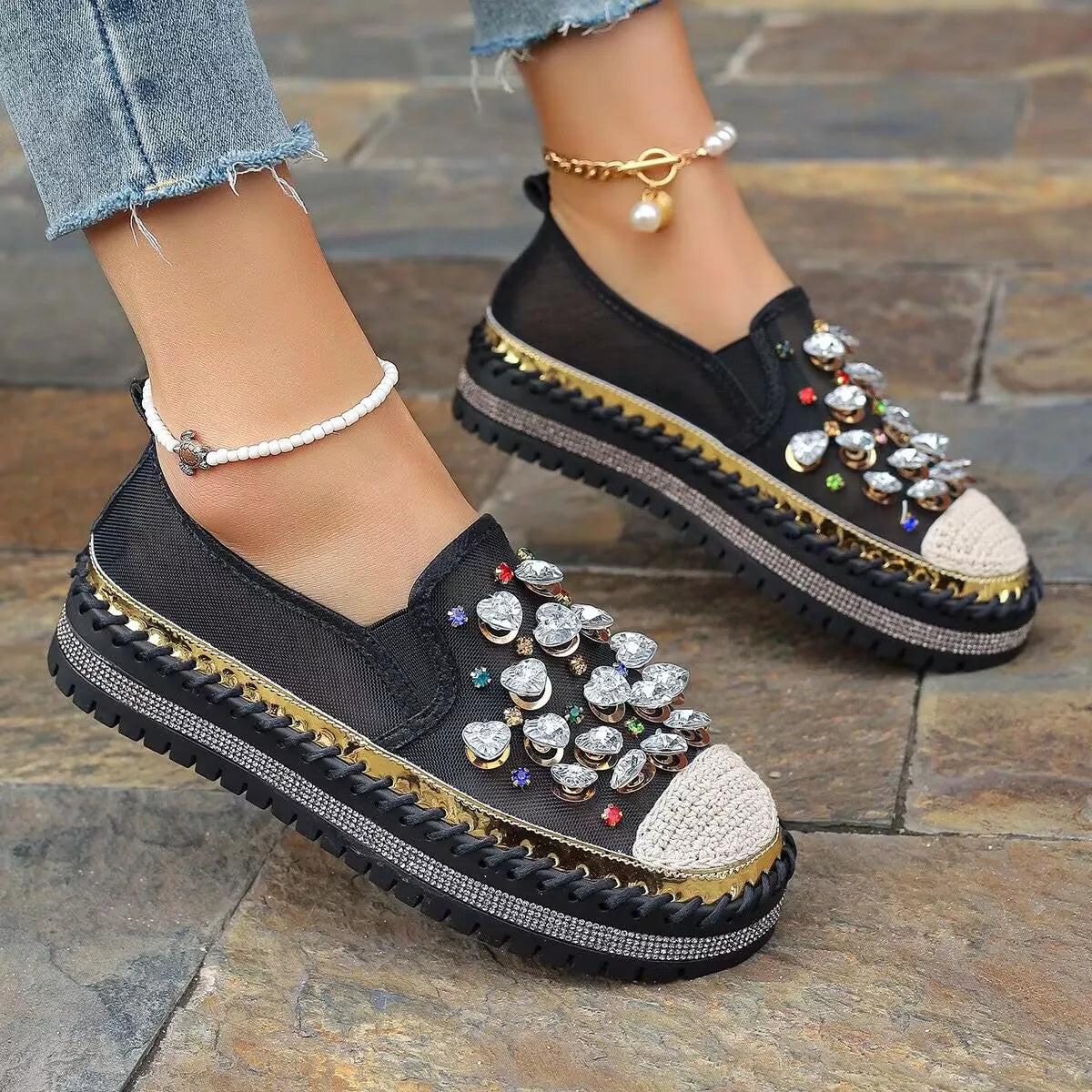 Rhinestone decor platform loafers by Trendsi, stylish footwear with sparkling rhinestone details and chunky platform sole.