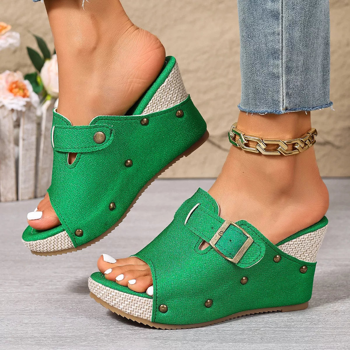 Plush Fashion Hub open toe wedge sandals with plush straps and a comfortable platform, perfect for casual summer wear.