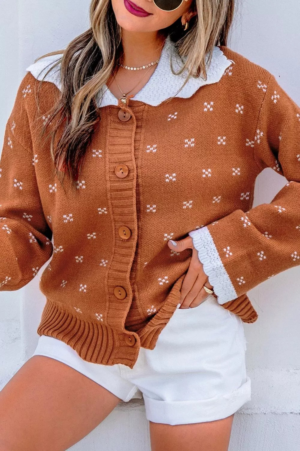 Colorblock Peter Pan collar long sleeve knit cardigan for women, showing the stylish design and vibrant color pattern.