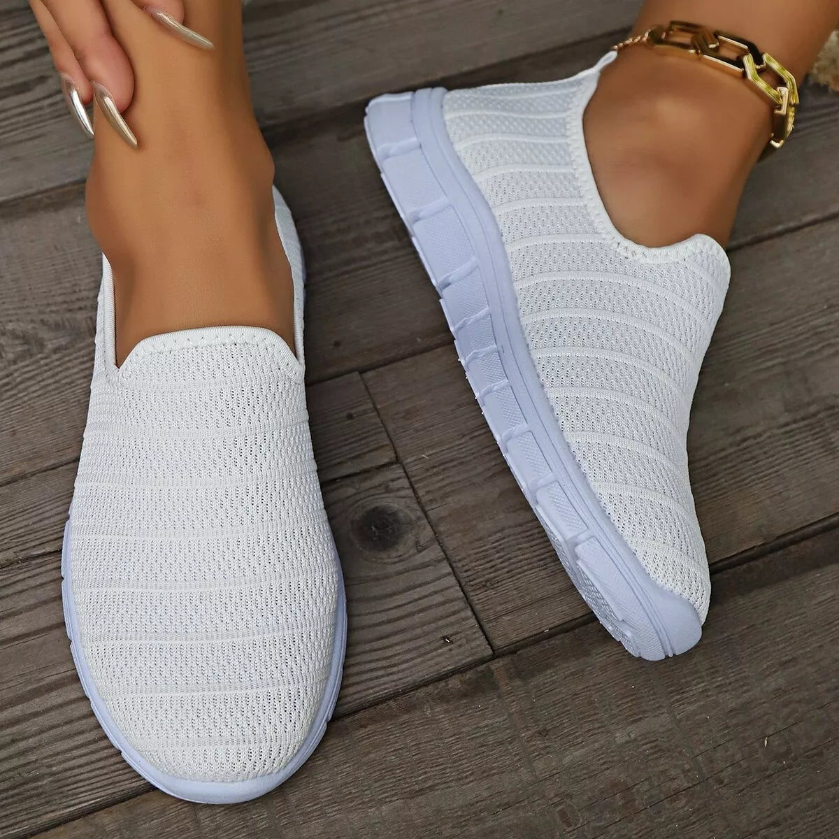 Women’s breathable mesh slip-on casual walking flats by Plush Fashion Hub, lightweight and comfortable shoe for everyday wear.