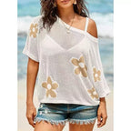 Women's loose knit top with hollow-out design and drop-shoulder style, casualwear by FitiqueFit, shown in a relaxed fit.