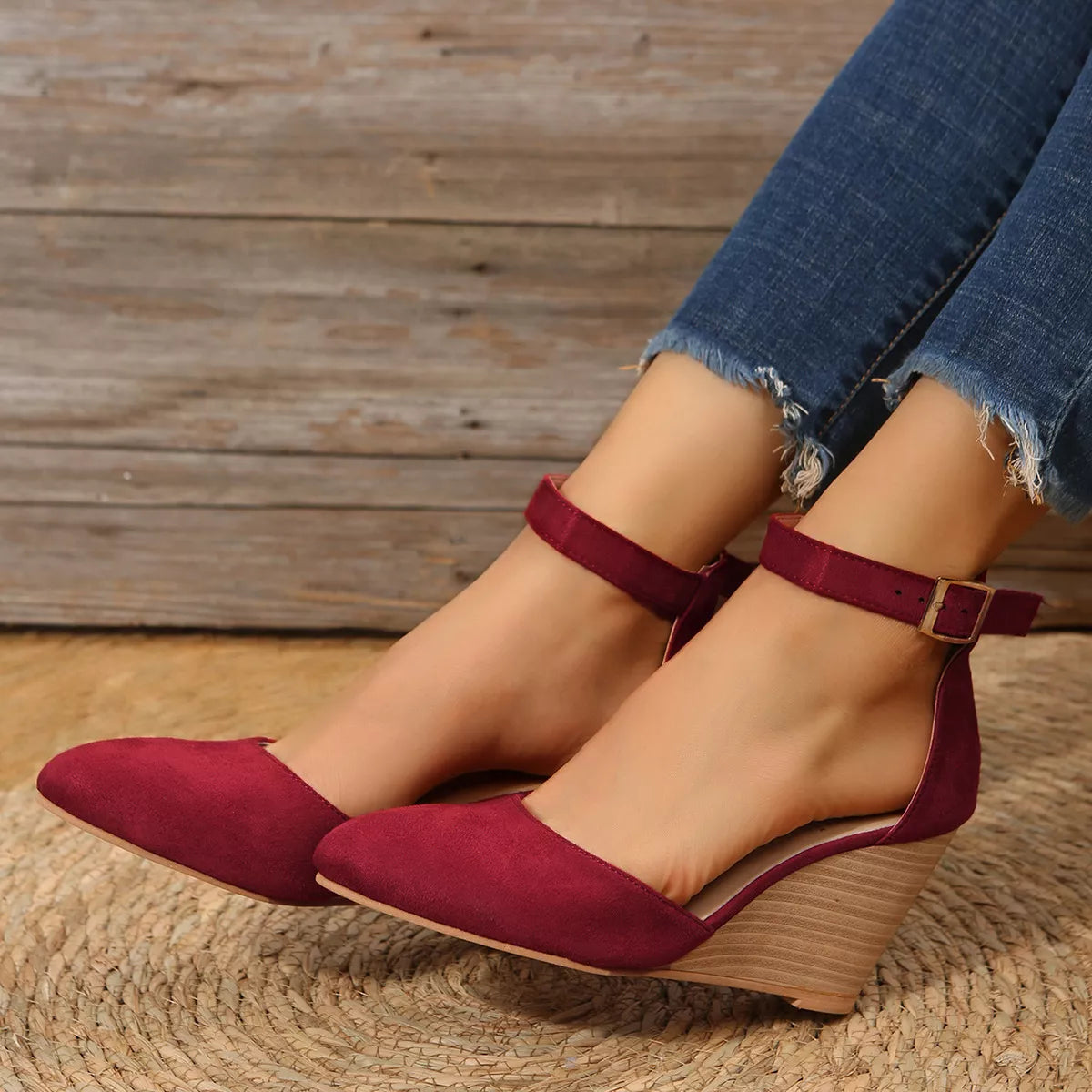 Point toe wedge sandals by Plush Fashion Hub featuring sleek design and comfortable wedge heel, perfect for summer outfits.