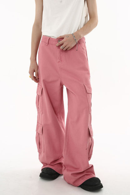 Wide leg cargo jeans in pink, comfortable cotton blend, full-length view.