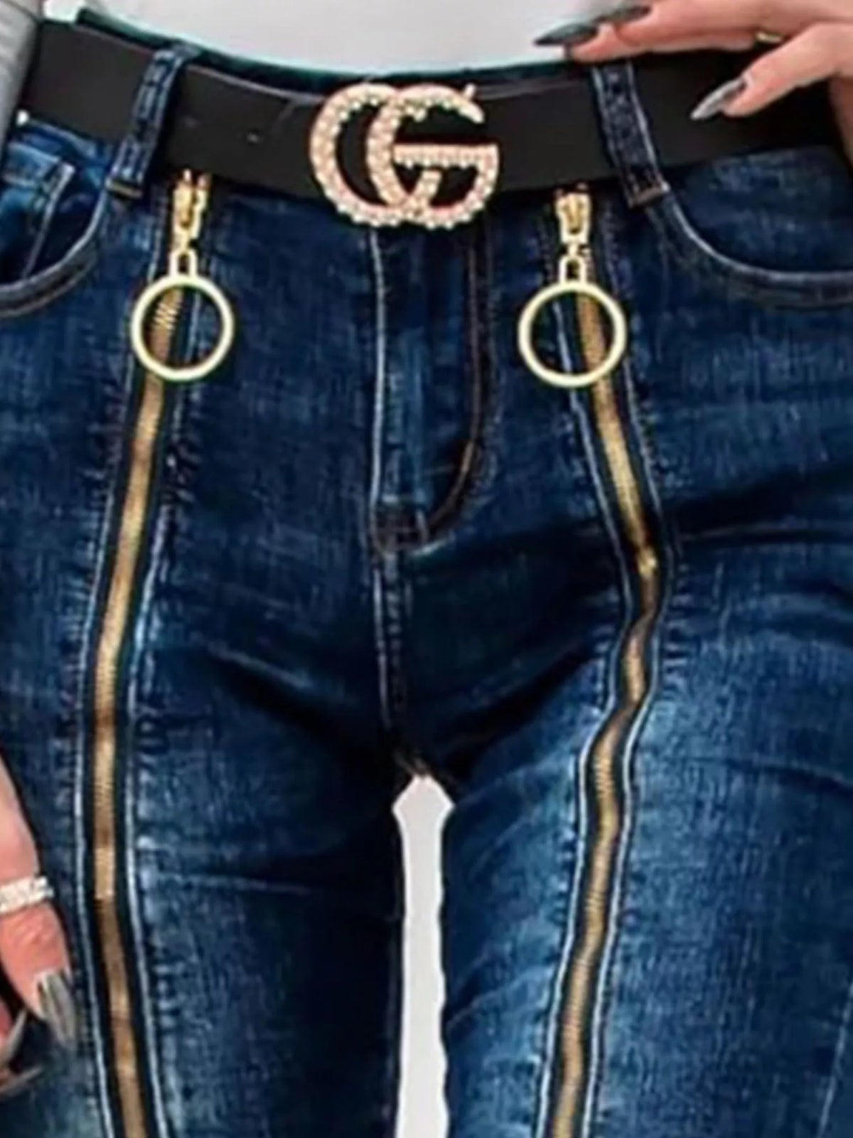 Plush Fashion Hub zipper front skinny jeans with a fitted design and classic denim wash, shown on a model.