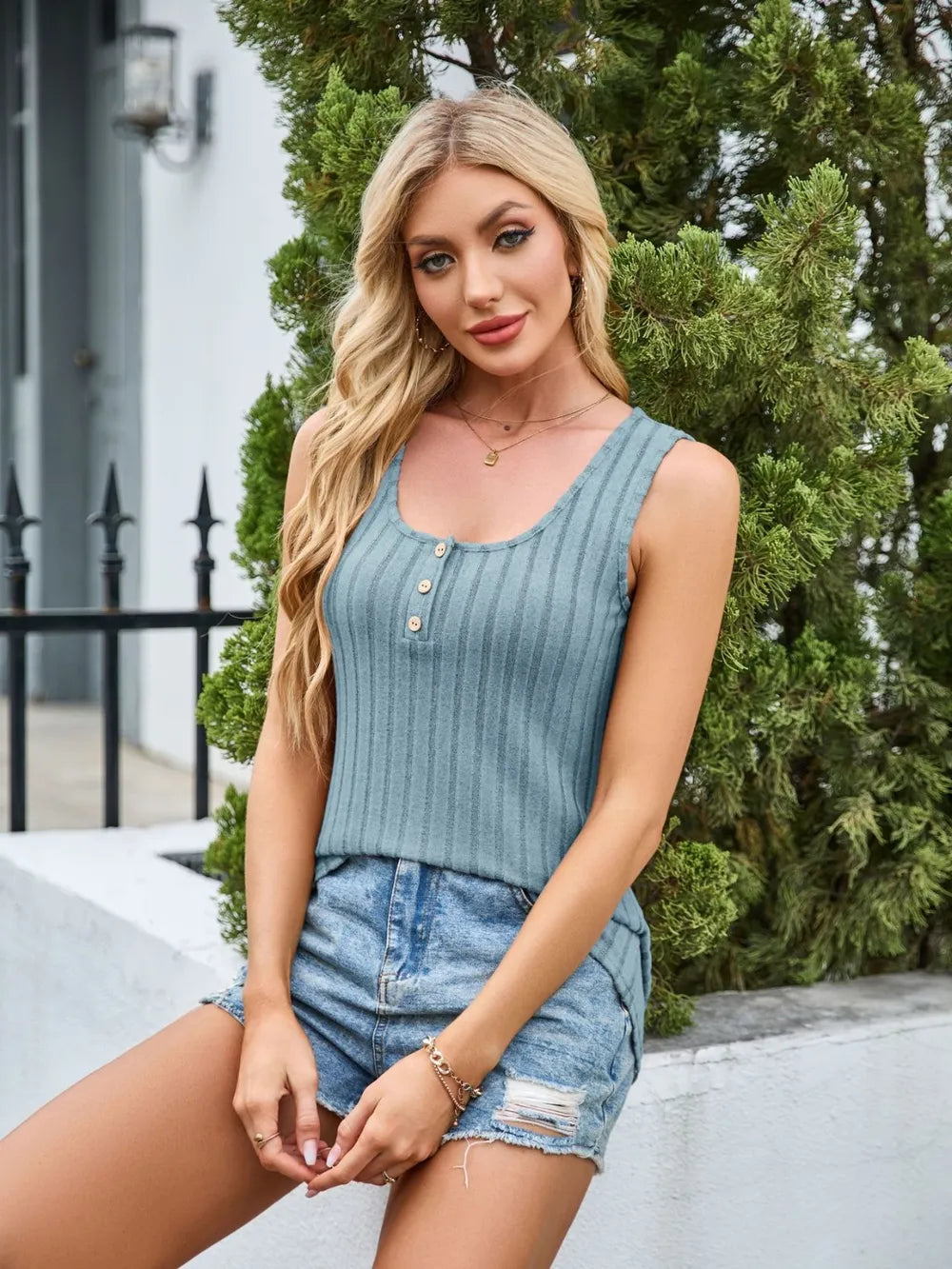 Plush Fashion Hub scoop neck wide strap tank top in soft fabric, featuring a relaxed fit and stylish design.
