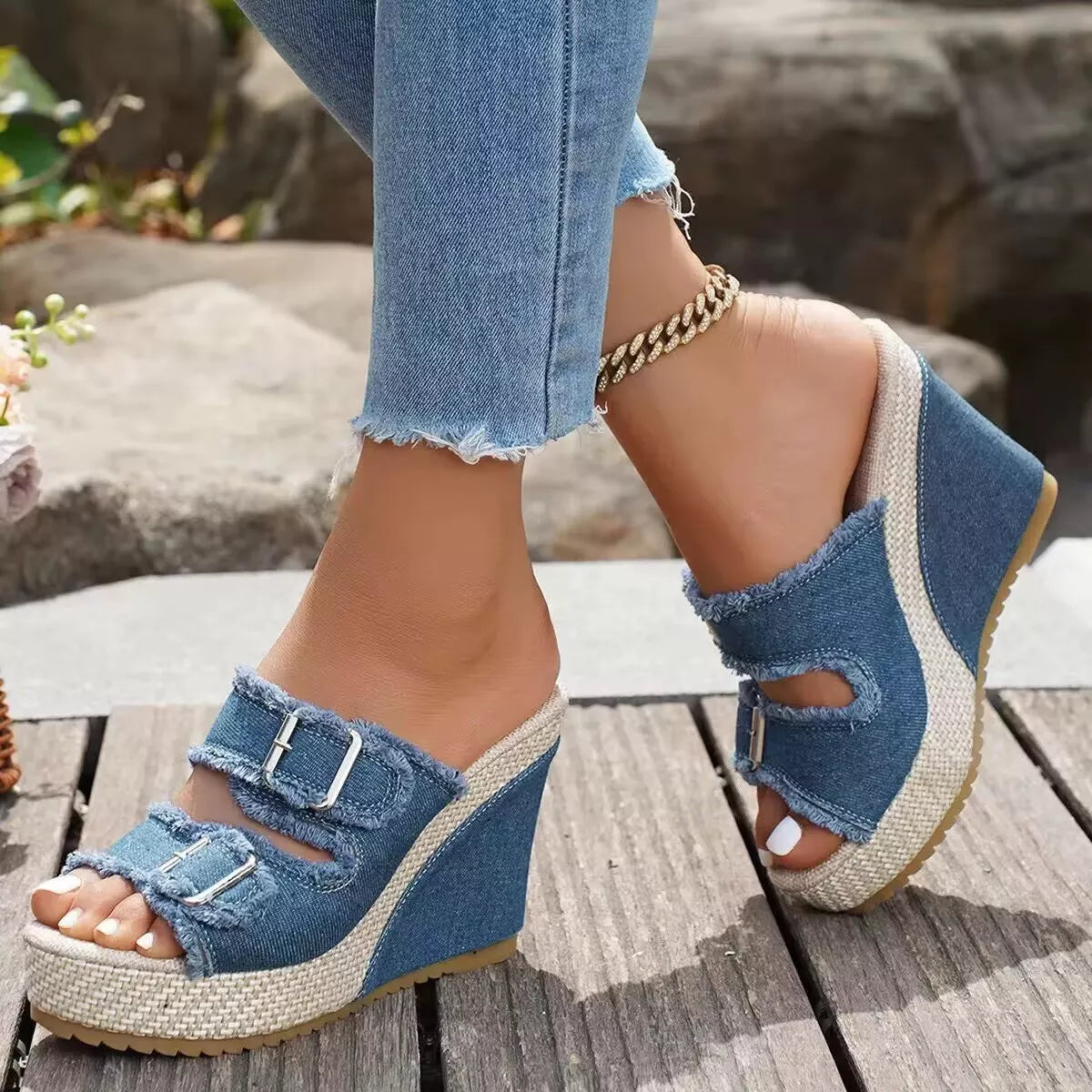 Plush Fashion Hub buckle open toe wedge sandals with ankle straps and chunky heels, stylish footwear for summer and casual wear.