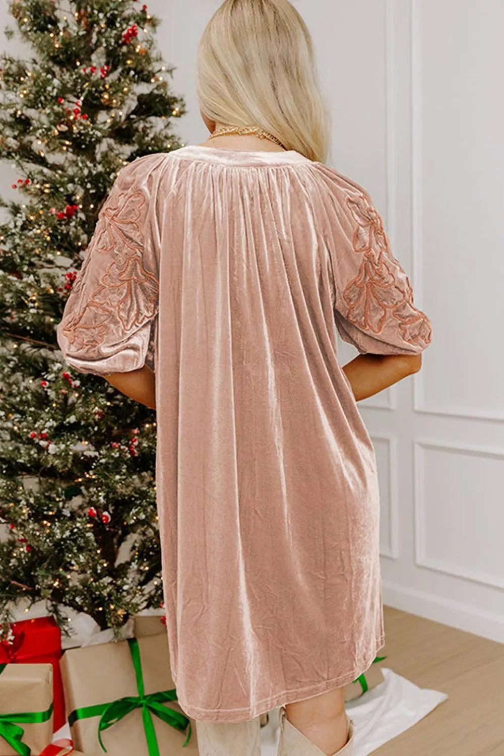 Embroidered-sleeve velvet mini shift dress by Trendsi featuring a stylish design and intricate embroidery on velvet fabric.