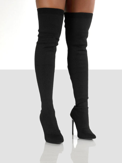 Knee stiletto boots, black over knee, high heel, point toe.