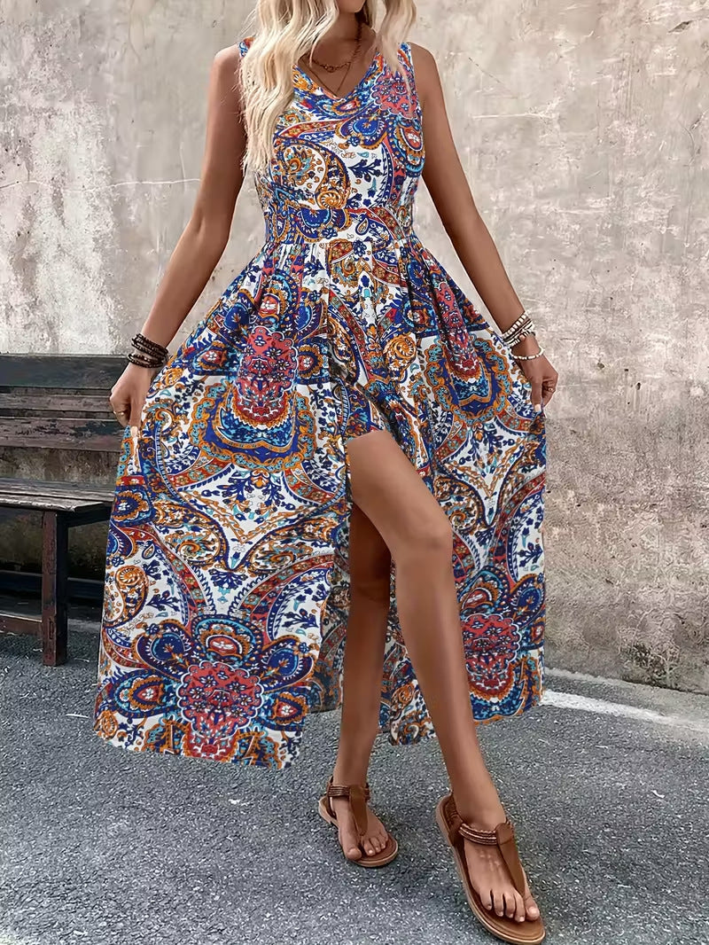 Women's printed V-neck sleeveless jumpsuit from Plush Fashion Hub, casualwear with a chic vacation-inspired design.