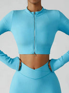FitiqueFit 3-piece seamless yoga set with jacket, sports bra, and leggings, designed for flexible activewear and comfort.